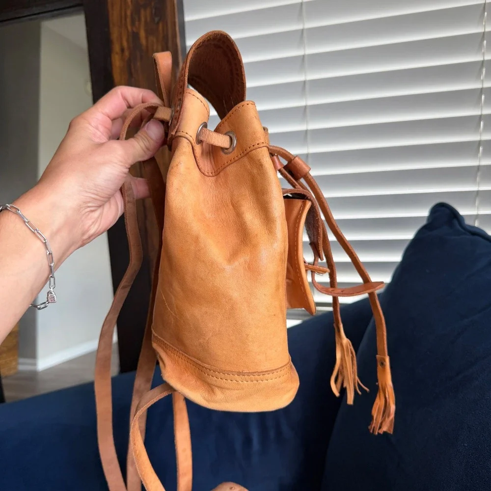 Vintage Southwestern Backpack Tan Leather Tooled Boho Mini Drawstring Tassel Bag